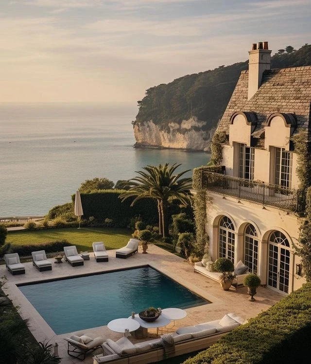 Luxury coastal hotel and swimming pool