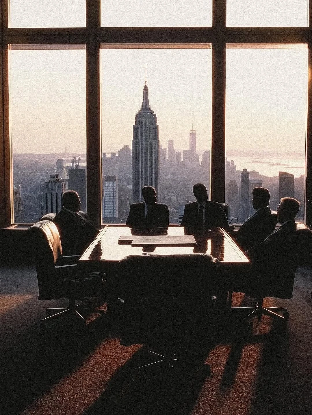 Commercial strategy meeting overlooking a city skyline