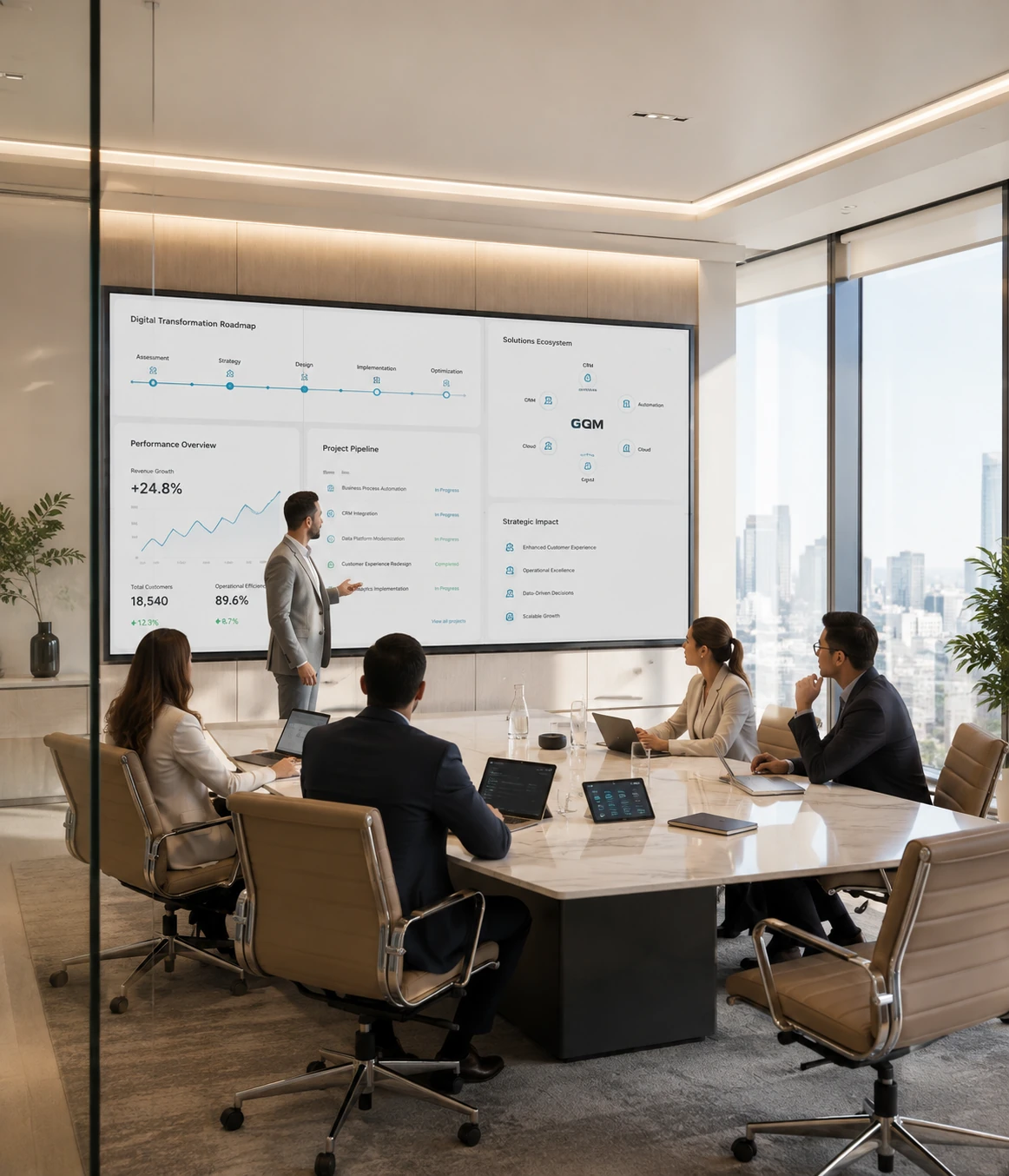 Digital transformation strategy presentation in a modern meeting room
